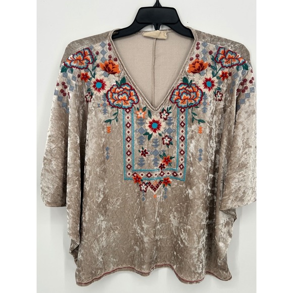 Savanna Jane Velvet Embroidered Tunic Top Kaftan Beige M L Boho - Picture 5 of 10